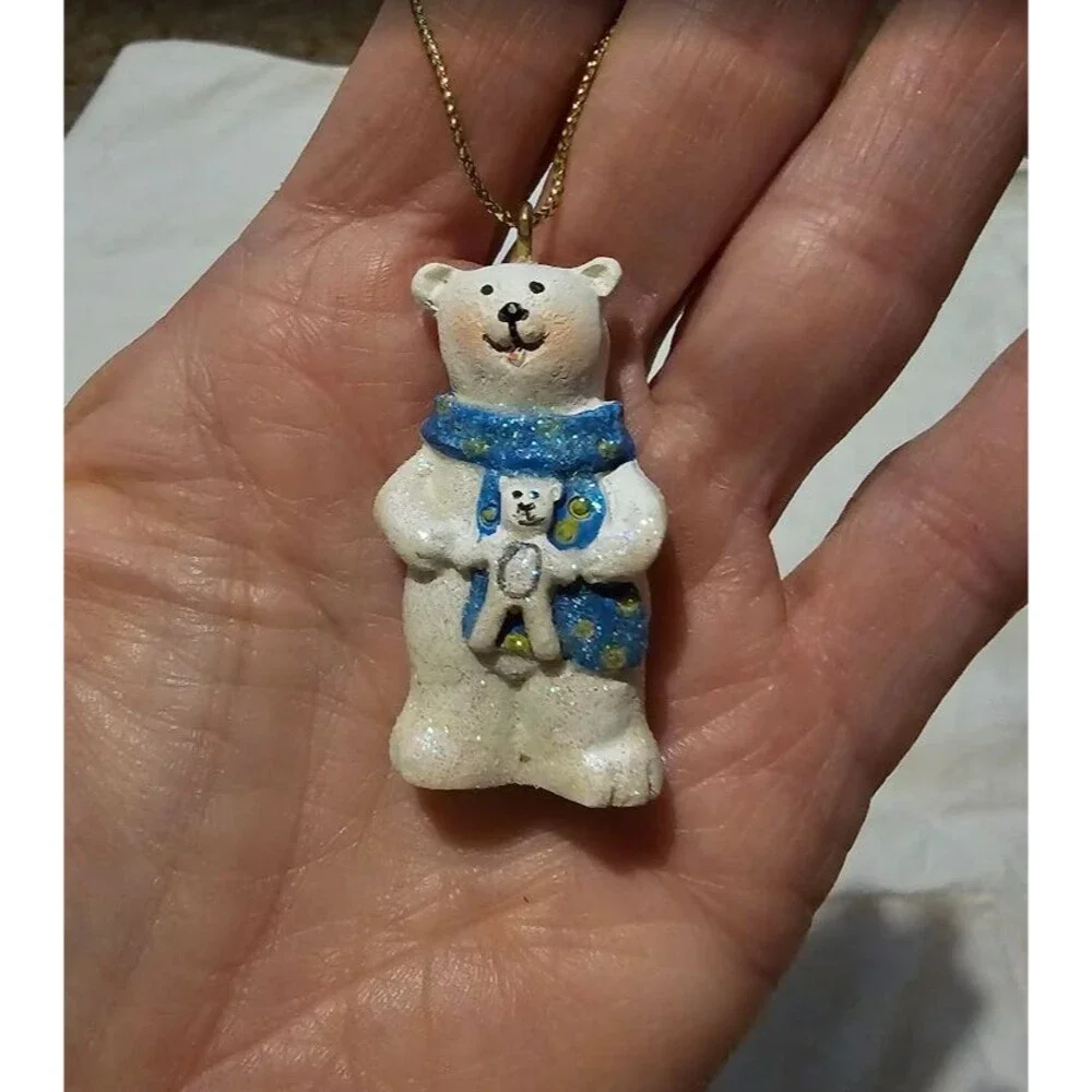 Vintage, hand-painted ceramic polar bear and baby Christmas ornament